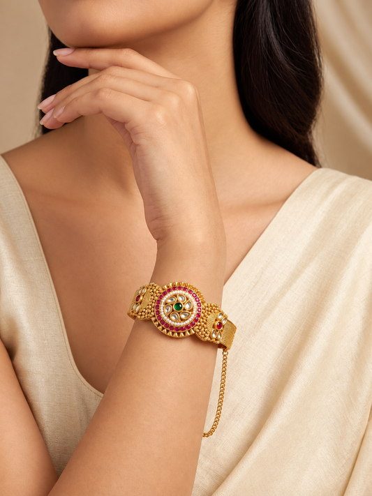 Handcrafted Floral Kundan Gold Plated Adjustable Bangle Kada