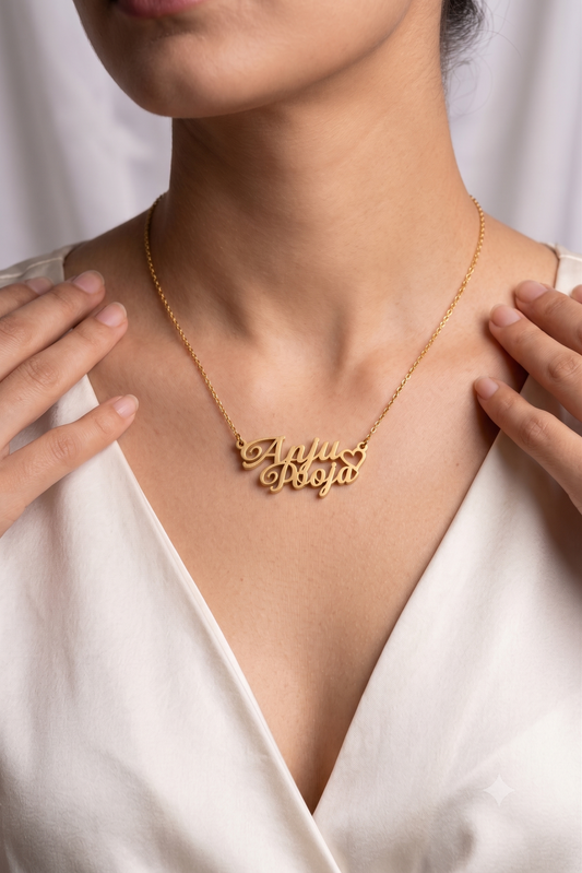 Two name heart necklace worn on model