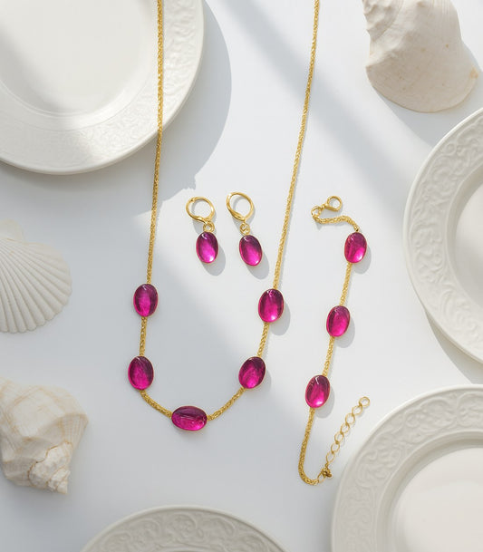 Gold Plated Oval Gemstone Necklace Set