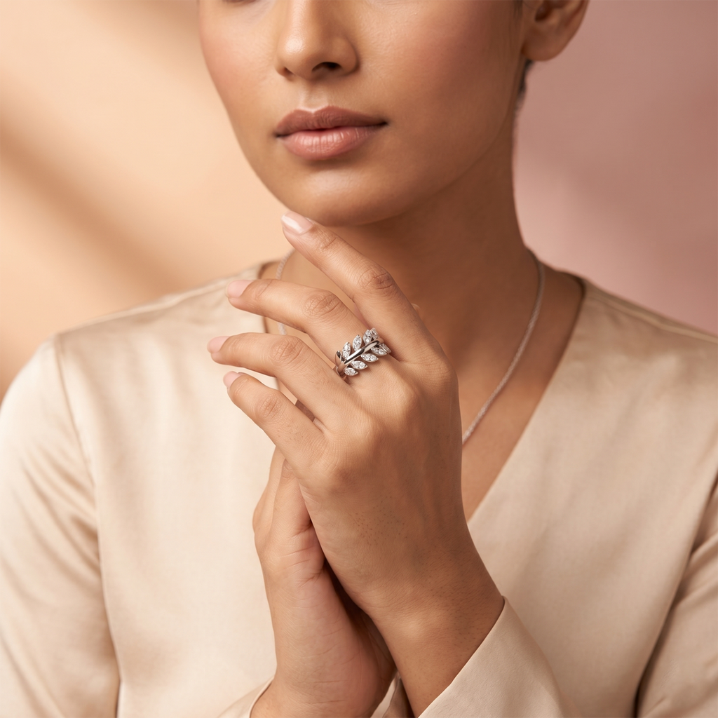 Silver Leaf Wrap Ring With Crystal