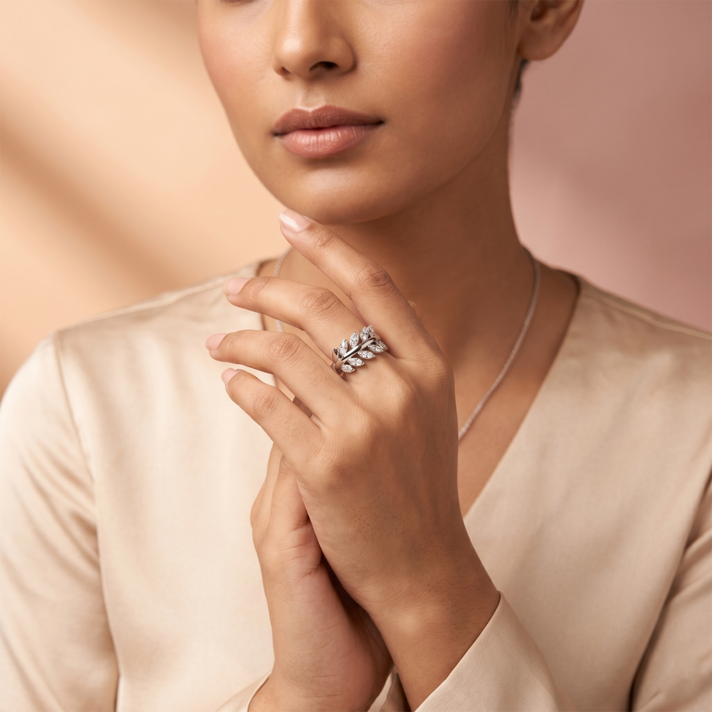 Silver Leaf Wrap Ring With Crystal