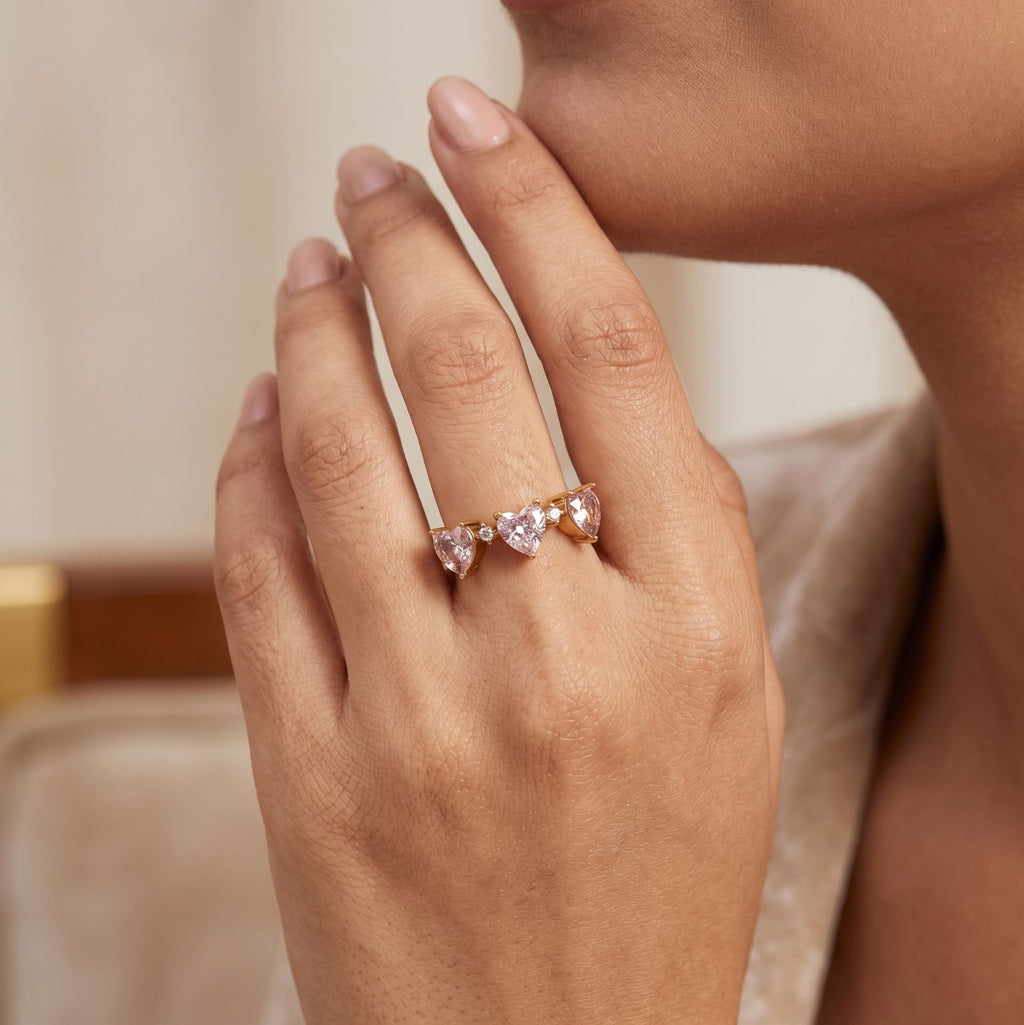 Triple Heart Pink Crystal Gold Ring