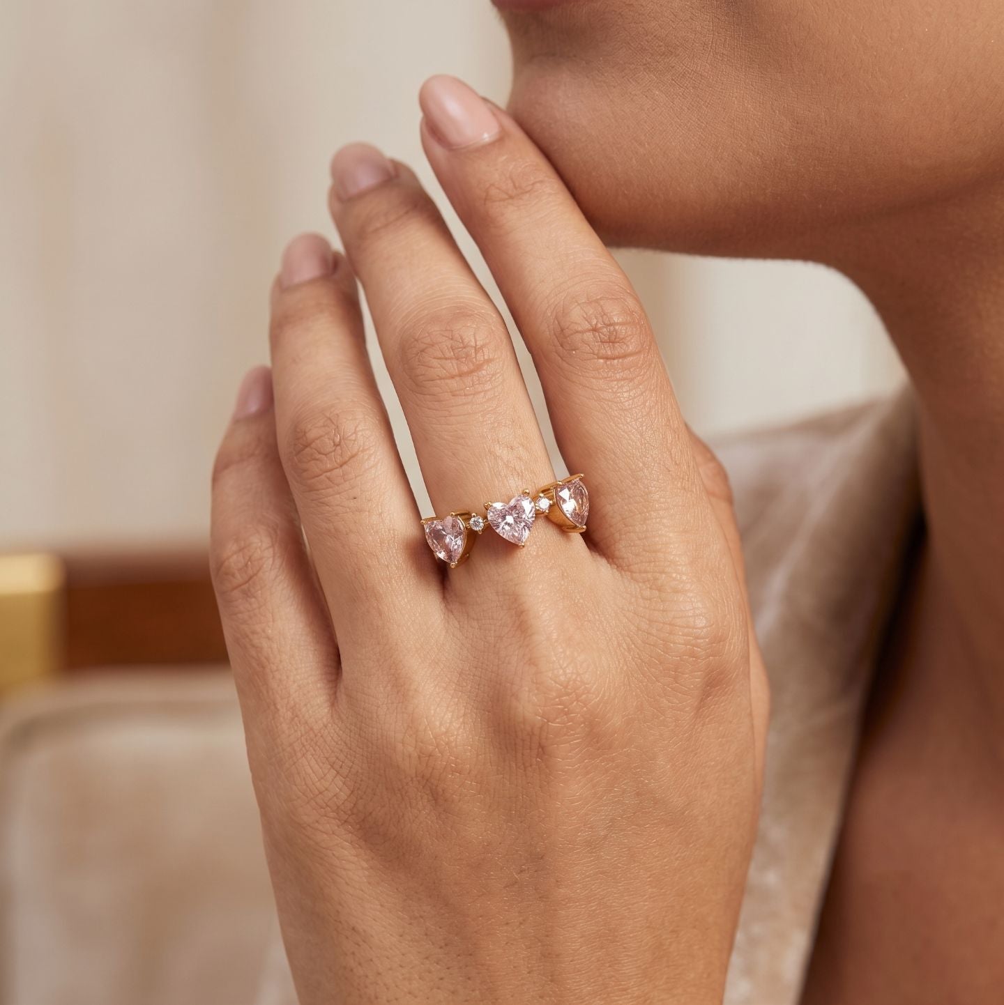 Triple Heart Pink Crystal Gold Ring