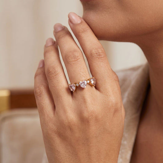 Triple Heart Pink Crystal Gold Ring