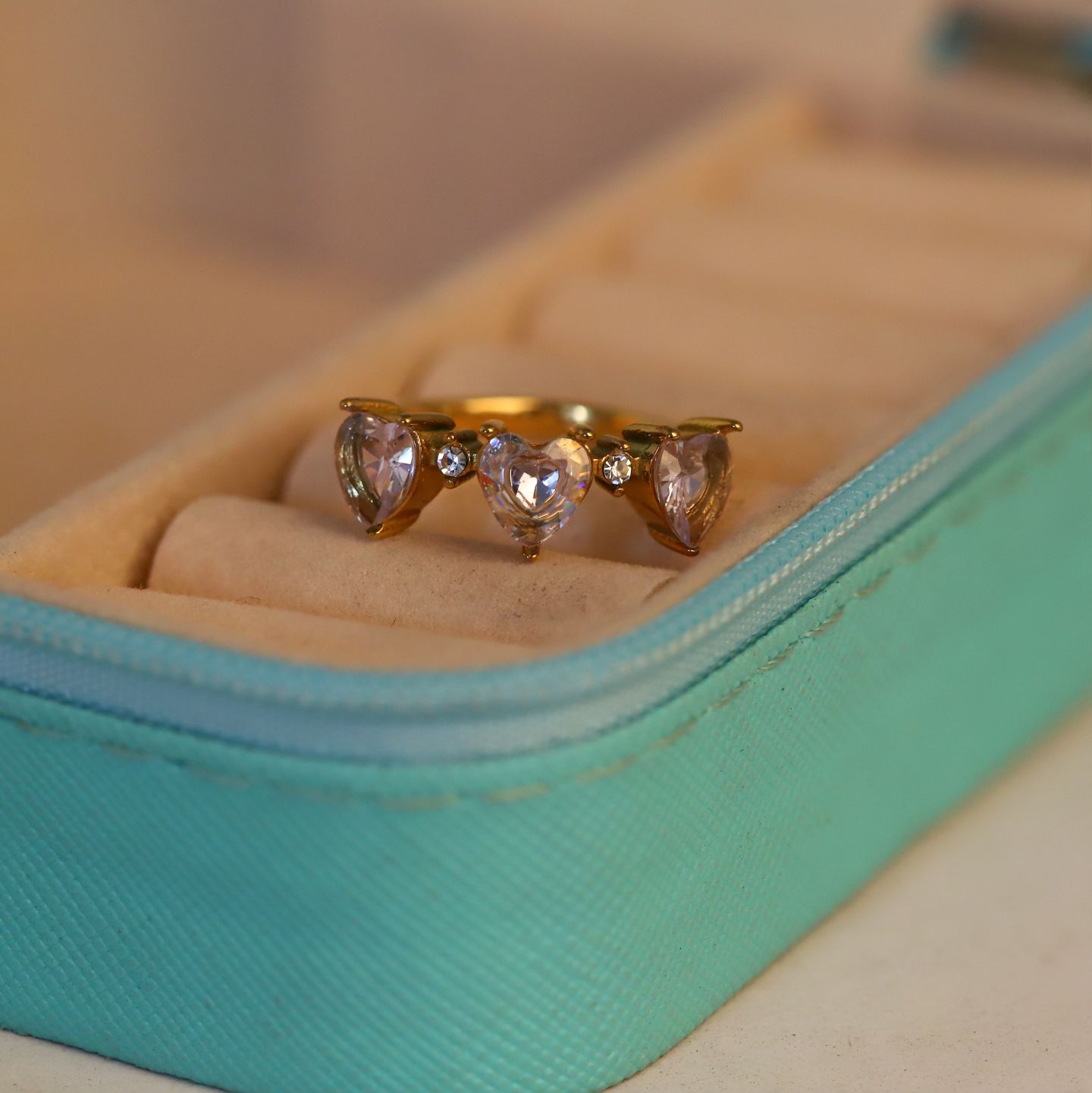 Triple Heart Pink Crystal Gold Ring