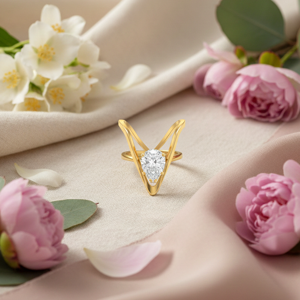 18K Gold Plated Emerald-Green Solitaire-Style V Ring
