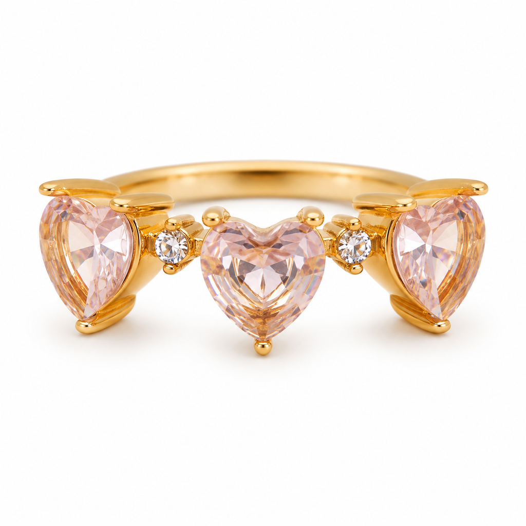 Triple Heart Pink Crystal Gold Ring