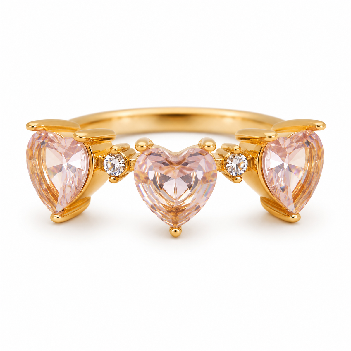 Triple Heart Pink Crystal Gold Ring