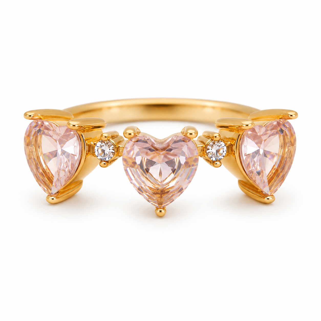 Triple Heart Pink Crystal Gold Ring