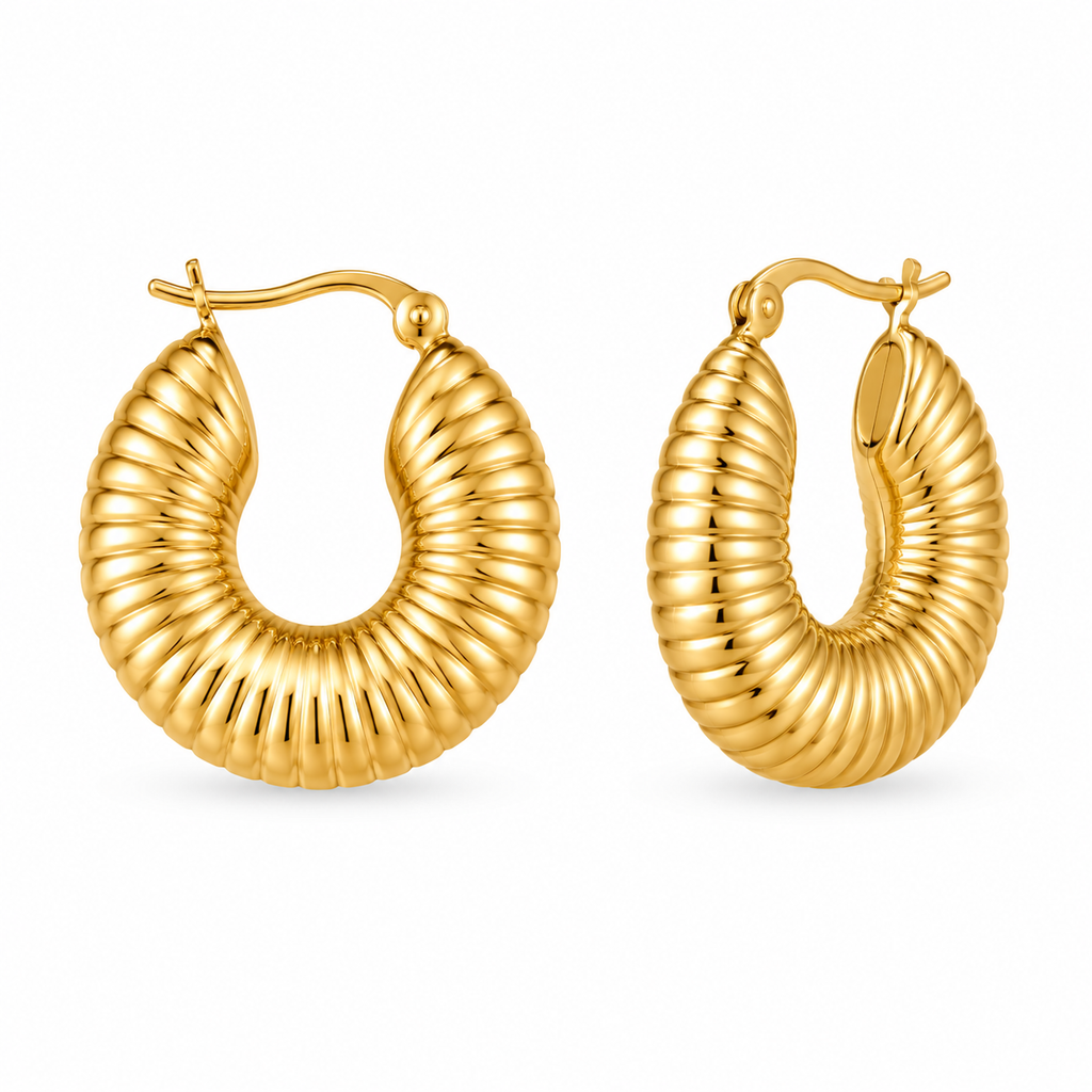 Vintage Gold Ribbed Hoop Earring