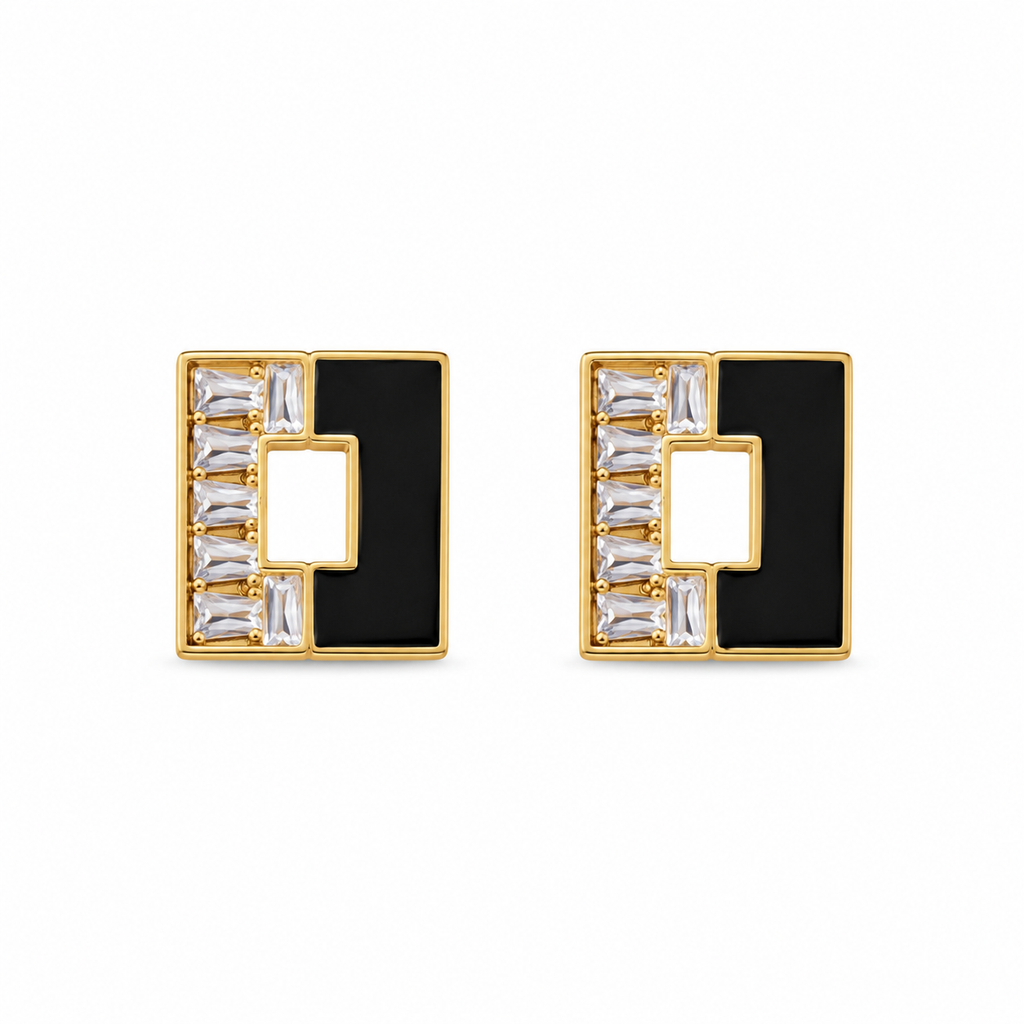 Gold Plated Black Enamel Geometric Stud Earring Combo