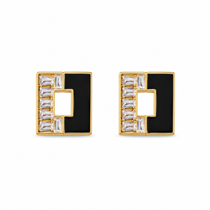 Gold Plated Black Enamel Geometric Stud Earring Combo