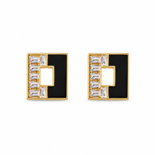 Gold Plated Black Enamel Geometric Stud Earring Combo