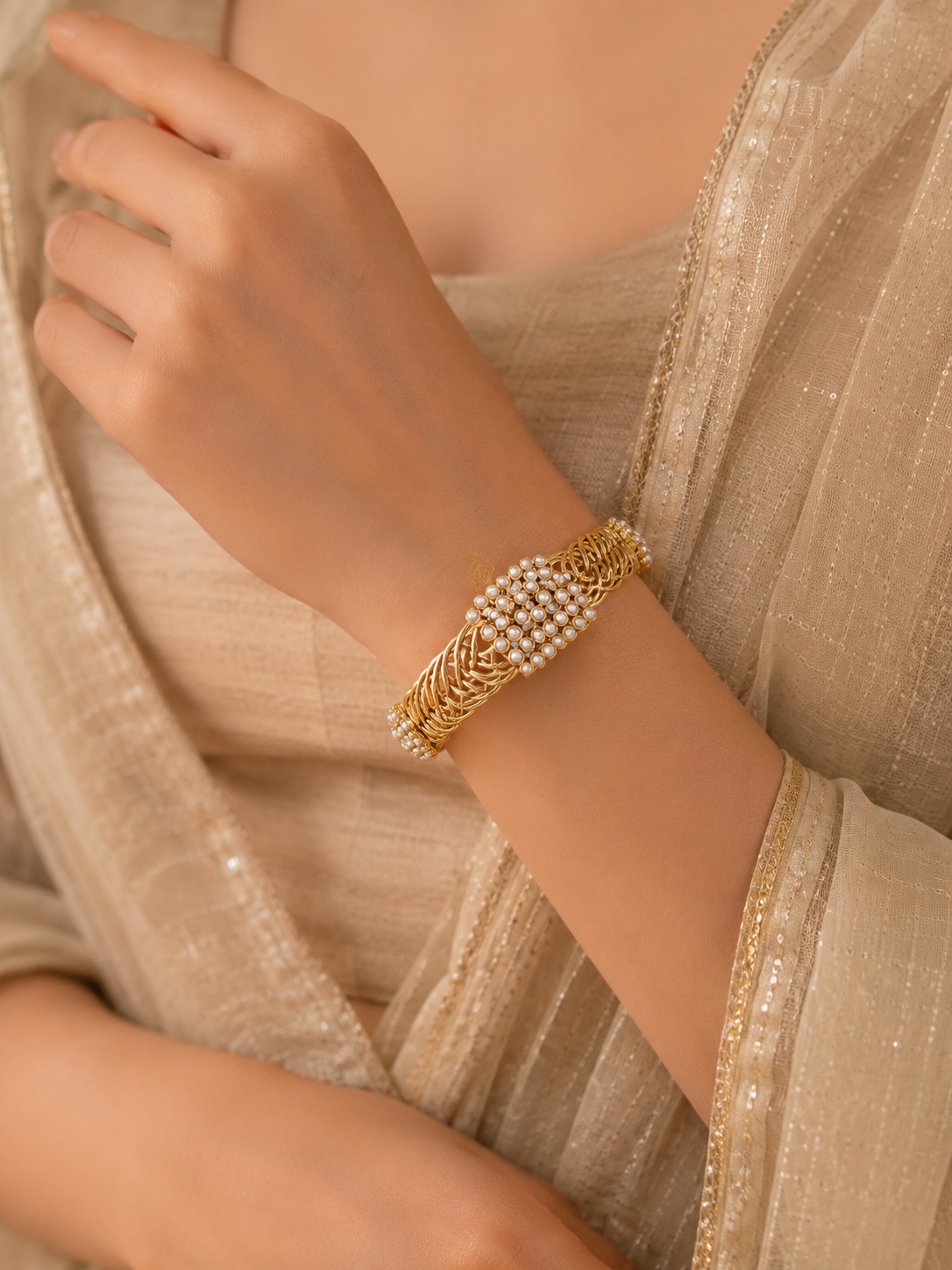 Pearl Grace Traditional Gold-Tone Spring Kada
