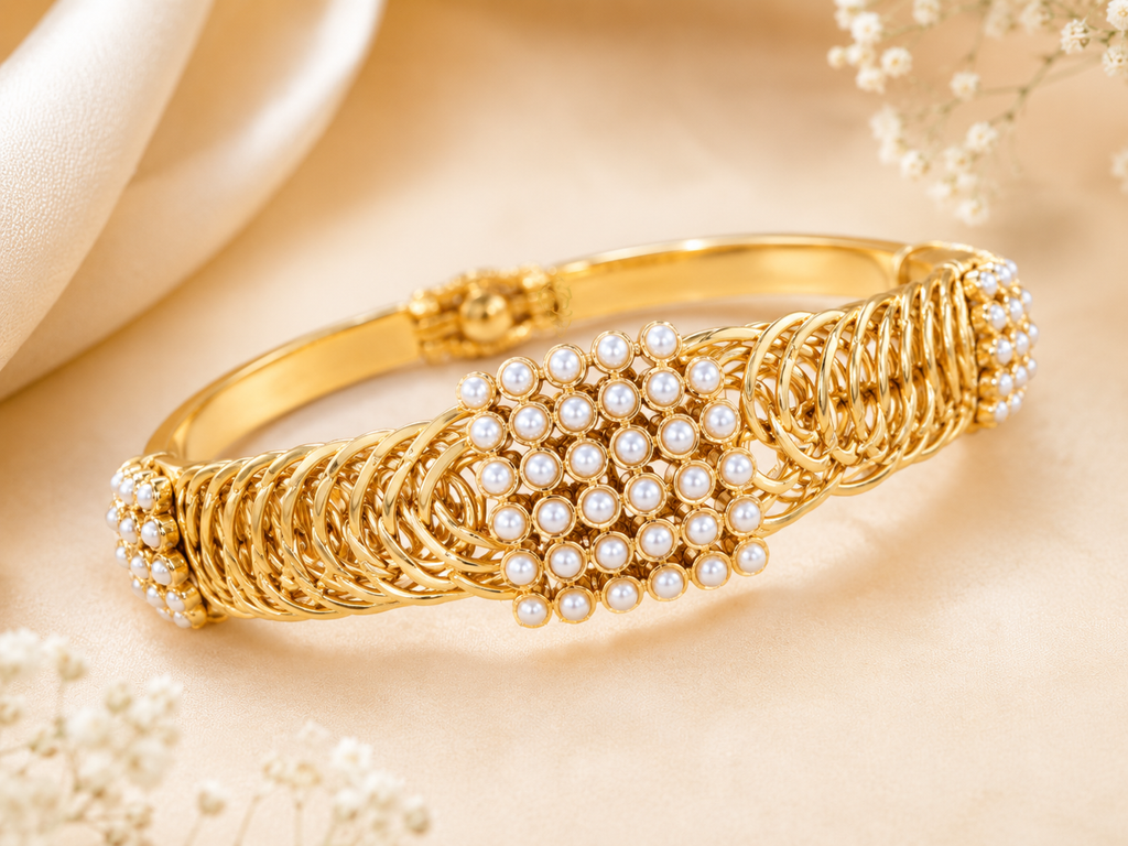 Pearl Grace Traditional Gold-Tone Spring Kada
