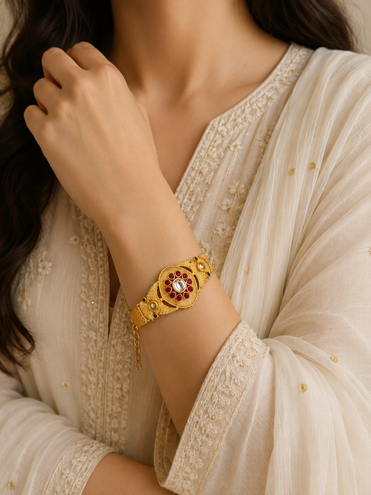 Ethenic Kundan Floral Gold Plated Adjustable Bracelets Kada