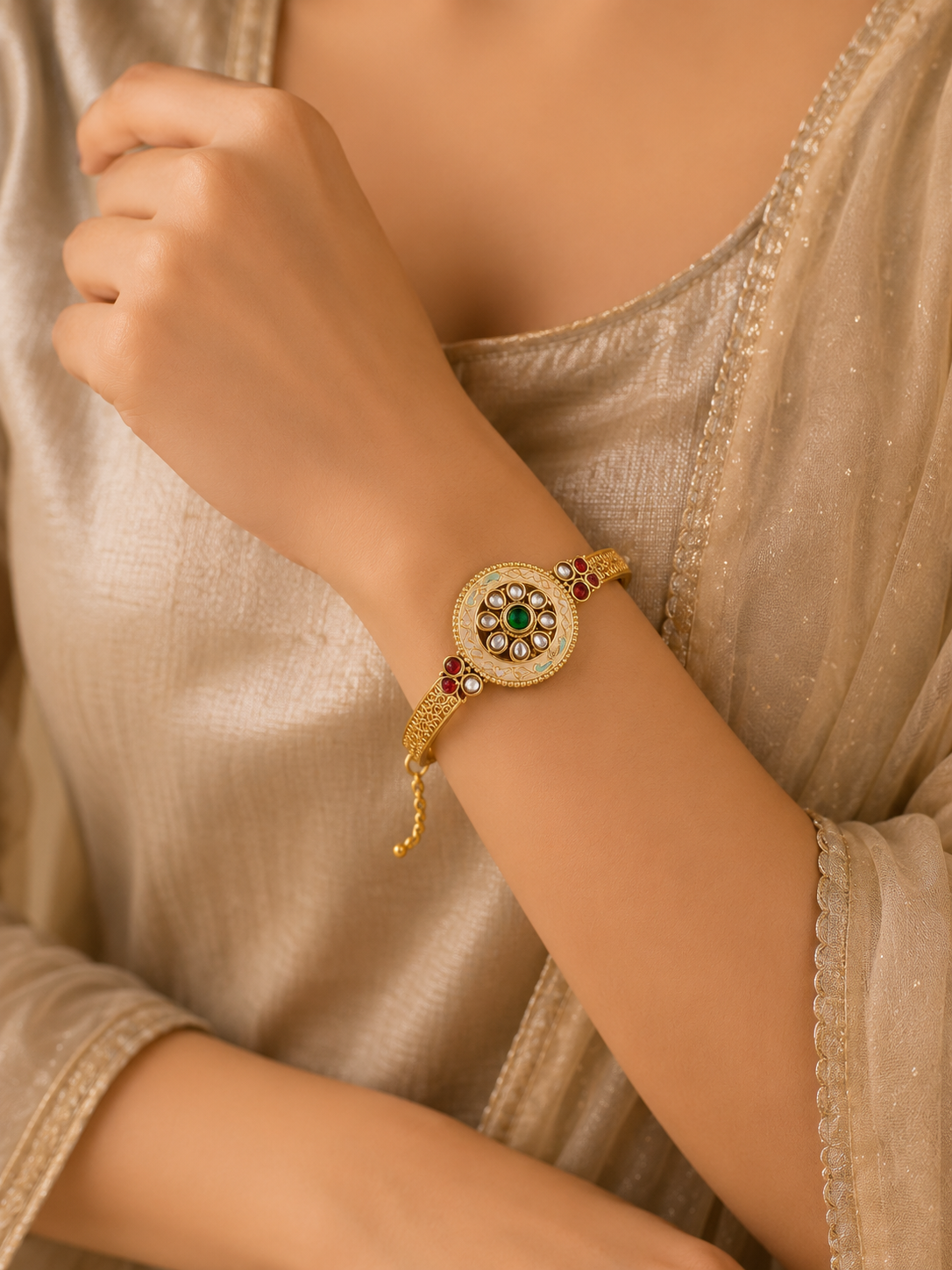 Designer Heritage Ruby-Red Kundan Adjustable Hand Kada