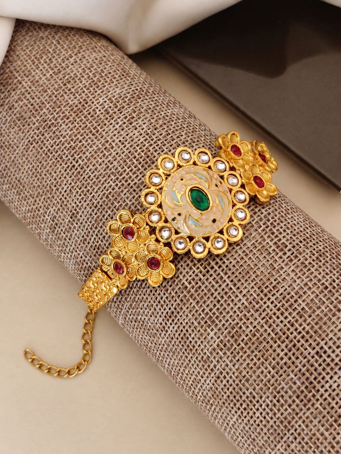 Traditional Meenakari Bangle With Emerald-Green And Polki-Style Accents