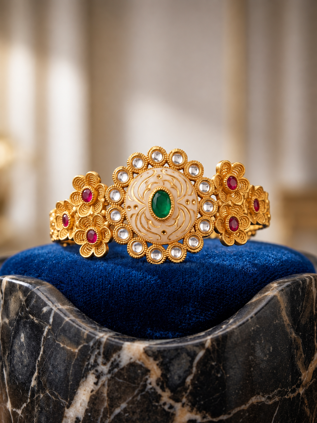 Traditional Meenakari Bangle With Emerald-Green And Polki-Style Accents