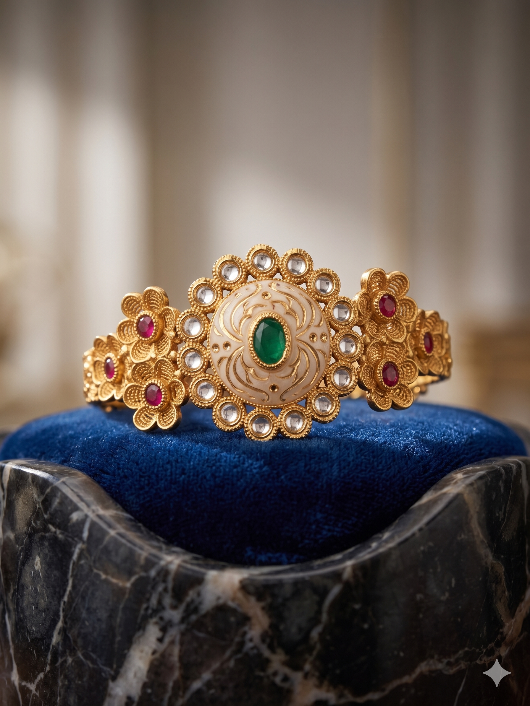 Traditional Meenakari Bangle With Emerald-Green And Polki-Style Accents