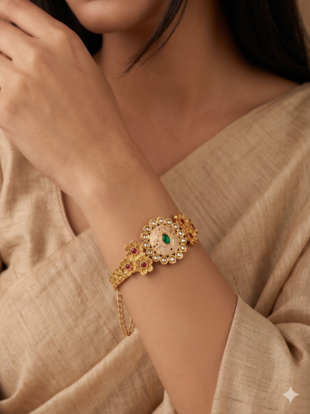 Traditional Meenakari Bangle With Emerald-Green And Polki-Style Accents