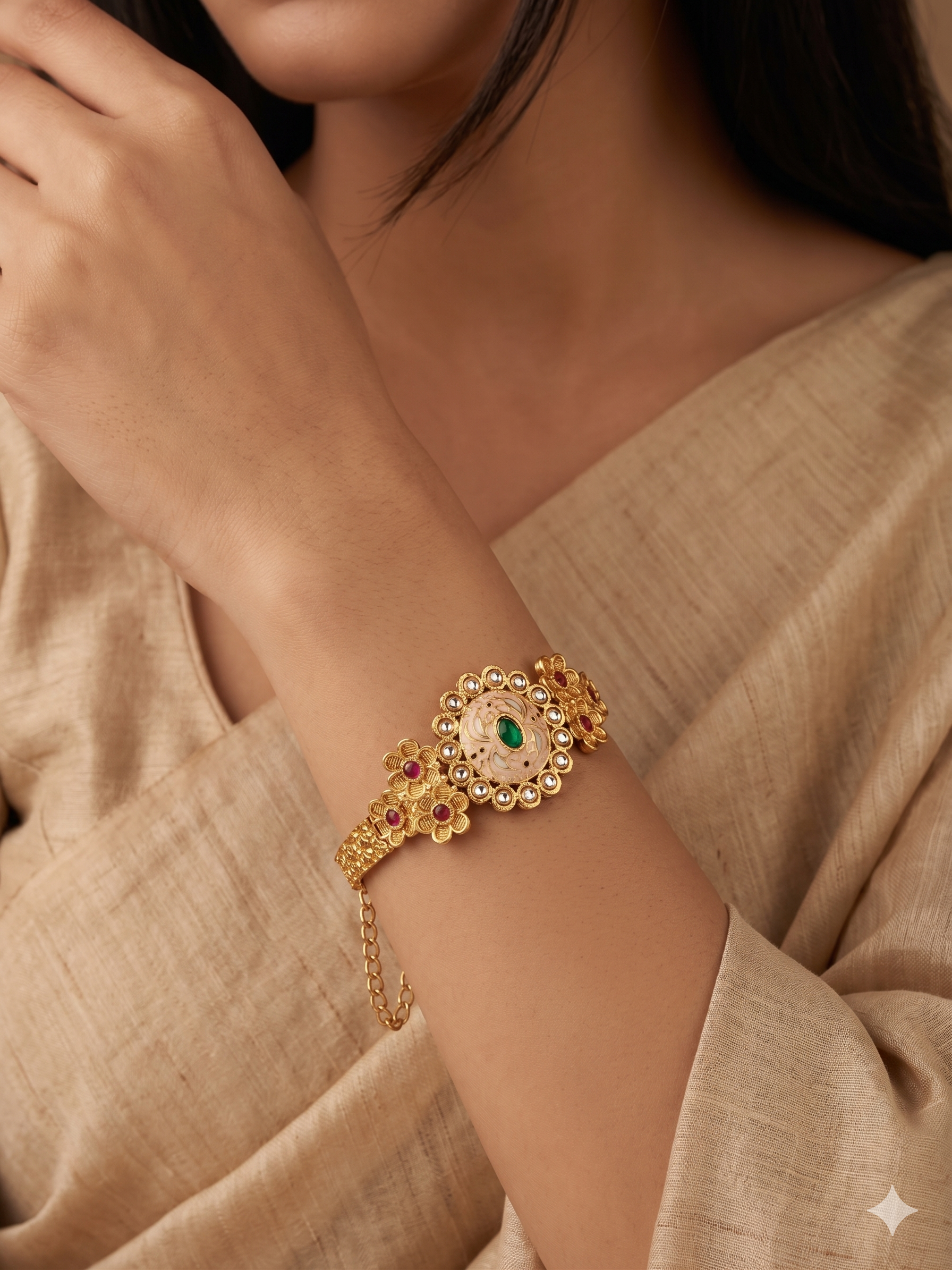 Traditional Meenakari Bangle With Emerald-Green And Polki-Style Accents