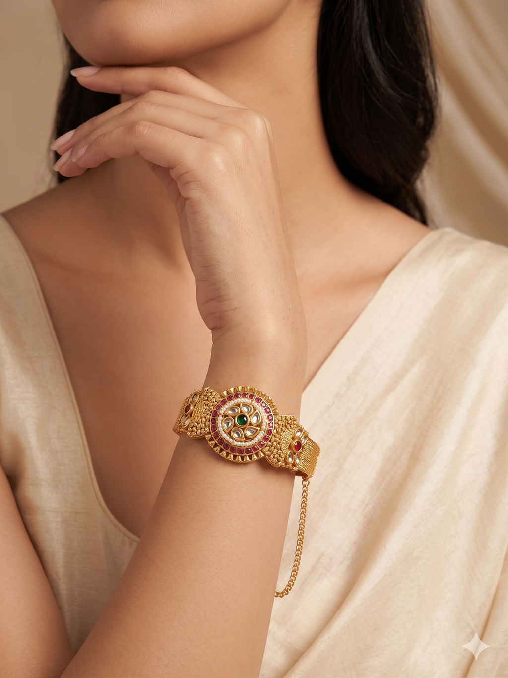 Handcrafted Floral Kundan Gold Plated Adjustable Bangle Kada