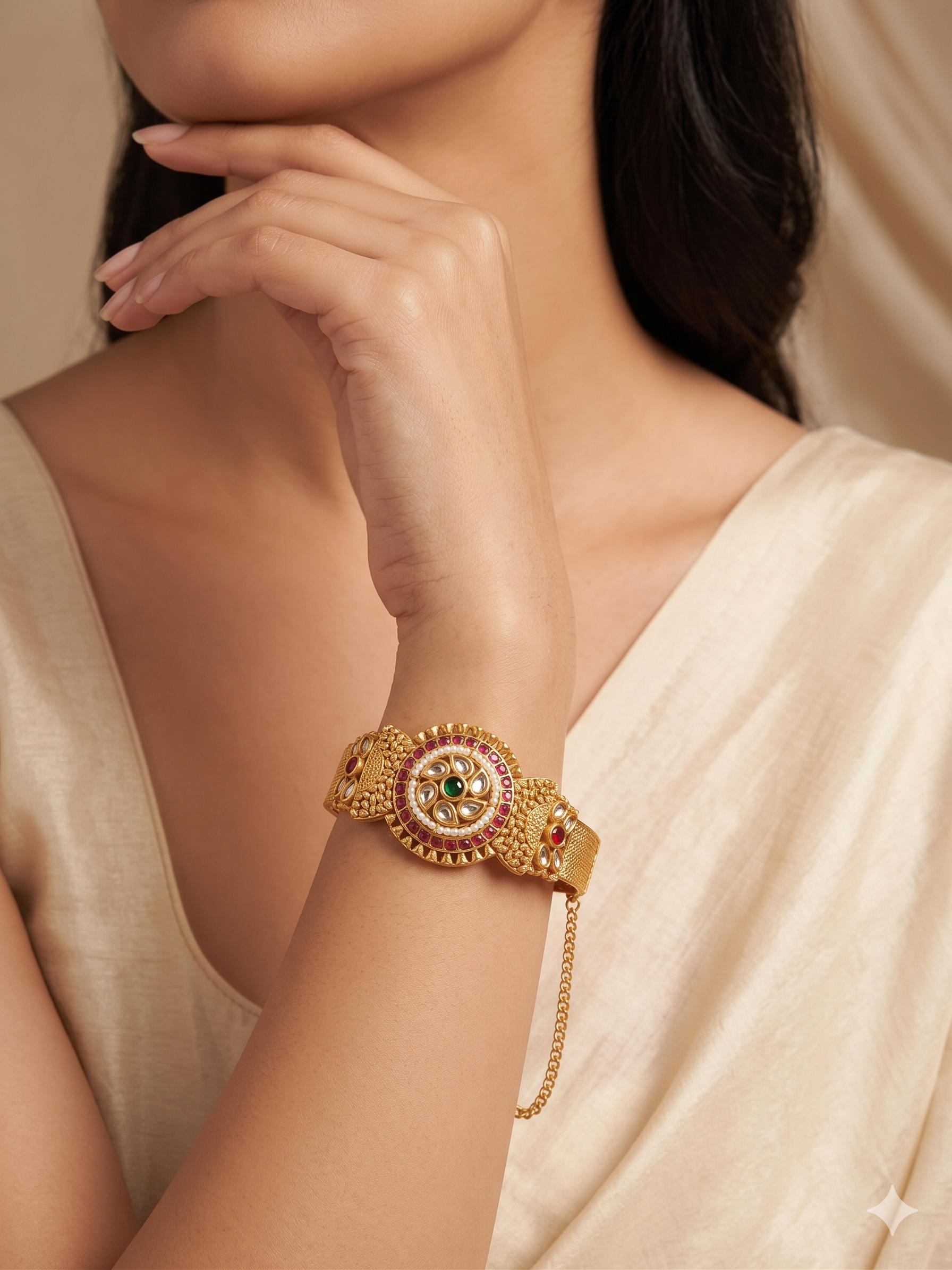 Handcrafted Floral Kundan Gold Plated Adjustable Bangle Kada