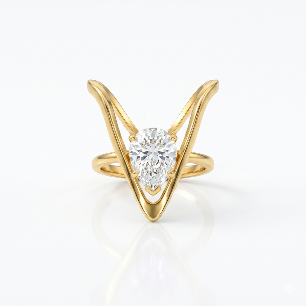 18K Gold Plated Emerald-Green Solitaire-Style V Ring