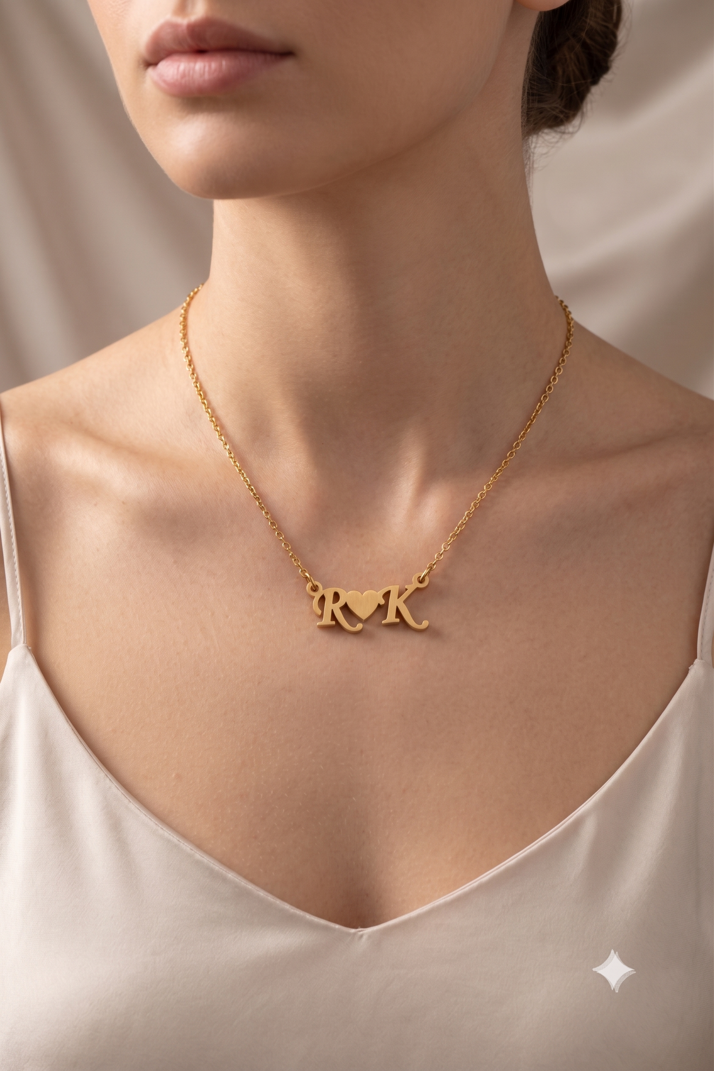 Couple initials heart necklace worn on model