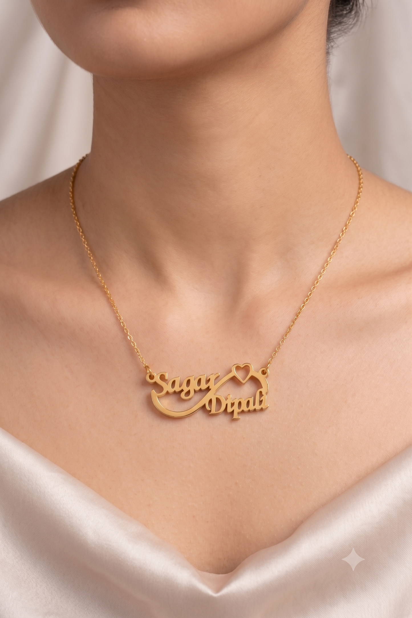 Infinity couple name necklace worn on model