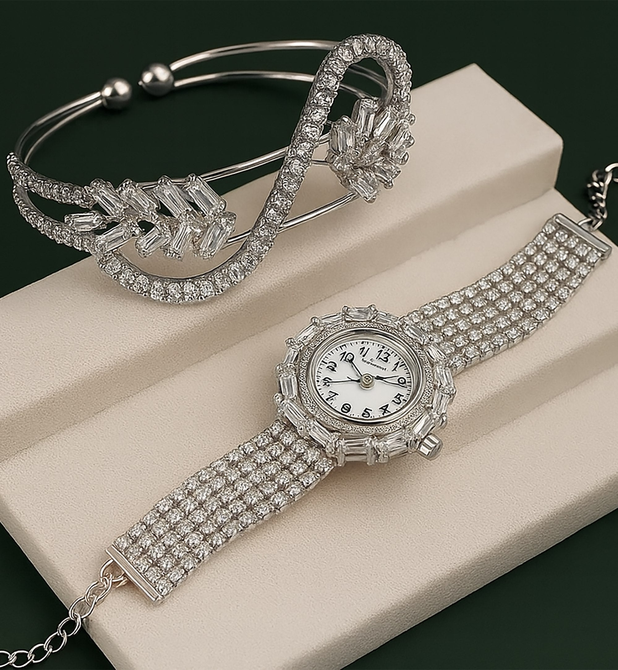 Luxury Crystal StuddedWatch And Infinity Bangle Bracelet Set