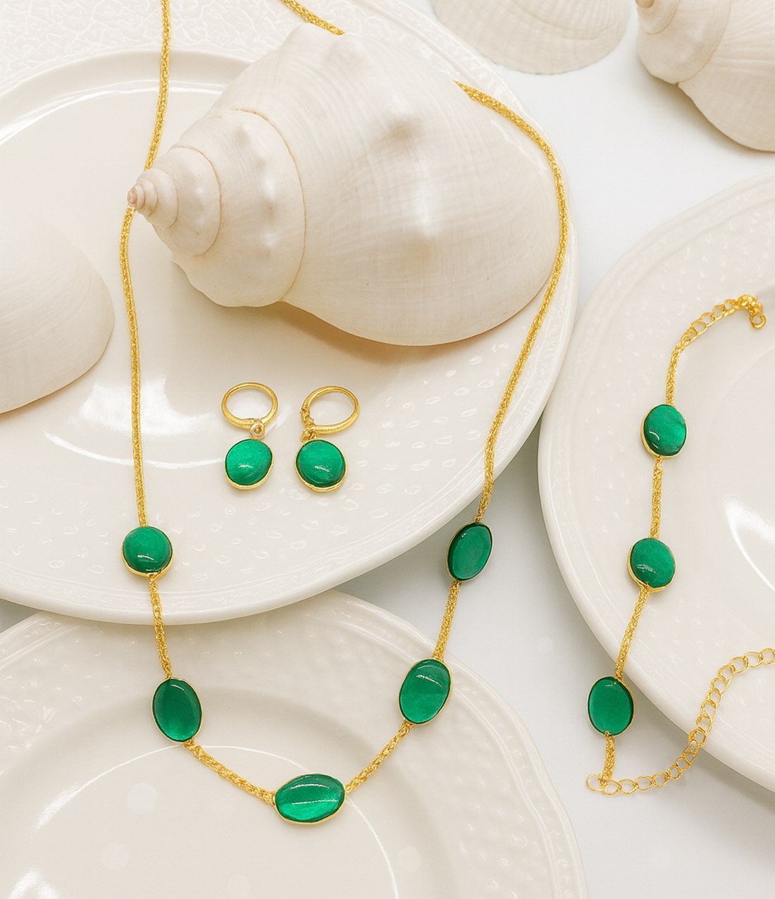 Gold Plated Oval Gemstone Necklace Set