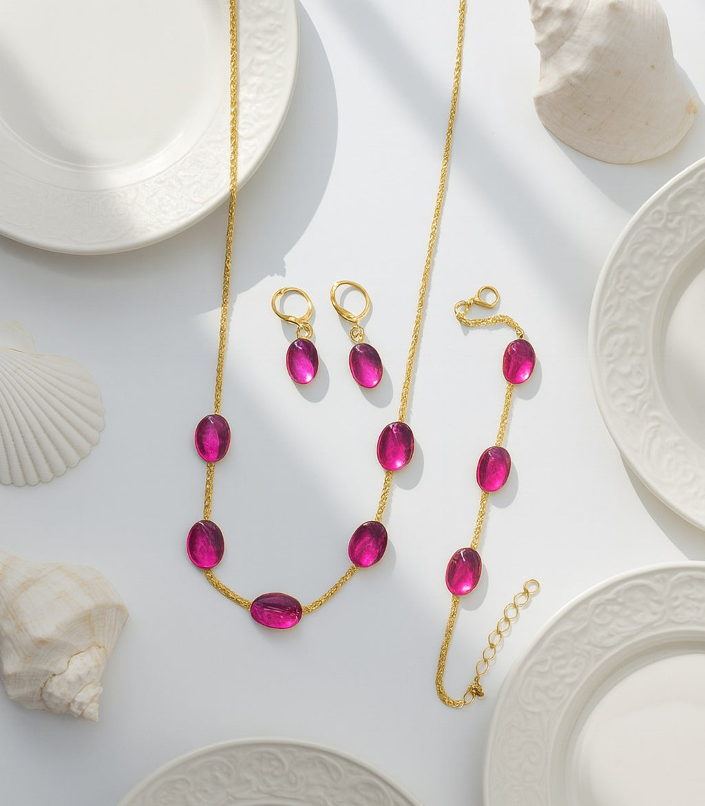 Gold Plated Oval Gemstone Necklace Set