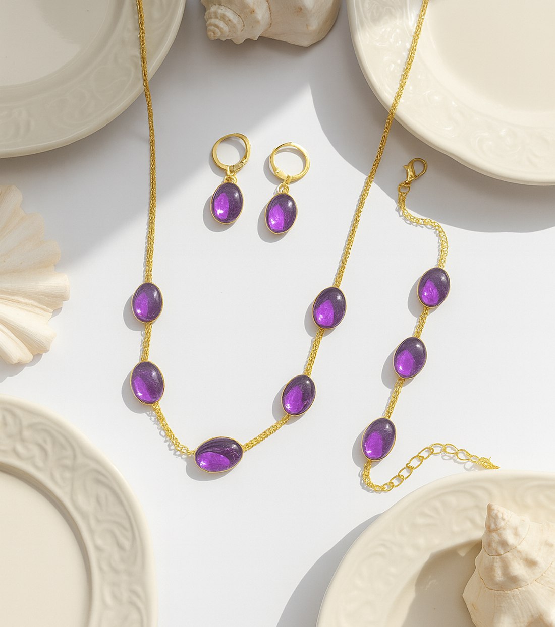 Gold Plated Oval Gemstone Necklace Set