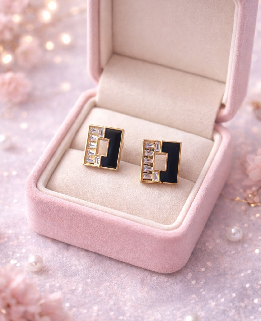 Gold Plated Black Enamel Geometric Stud Earring Combo