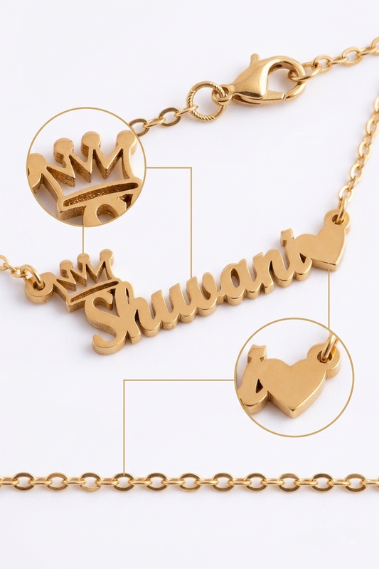 Royal crown name necklace details with crown and heart