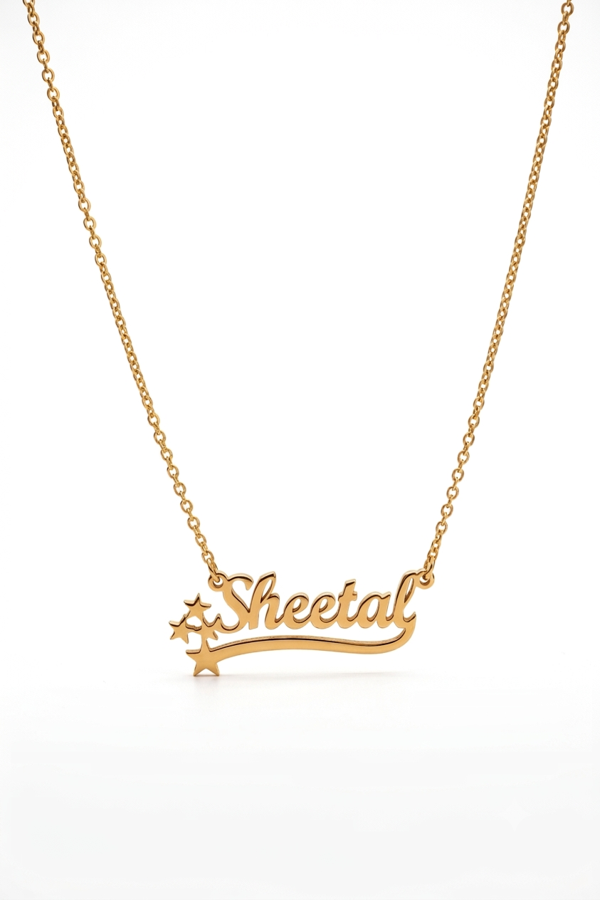 Star sparkle name necklace with swoosh in gold