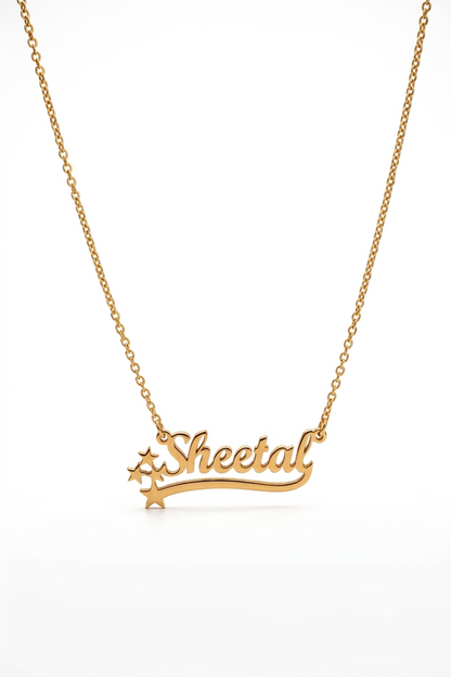 Star sparkle name necklace with swoosh in gold