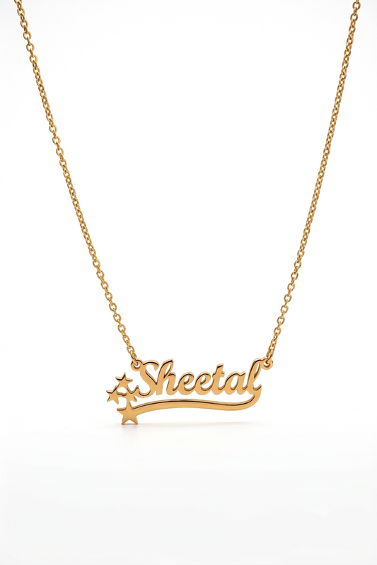 Star sparkle name necklace with swoosh in gold