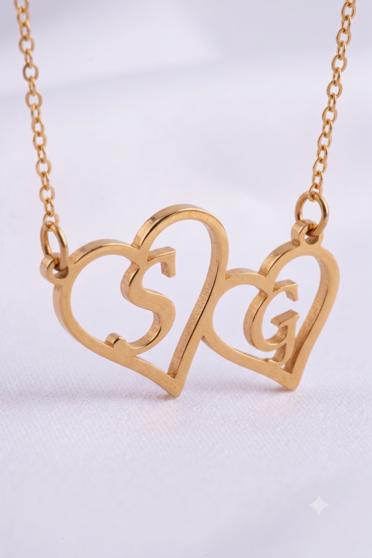 Two hearts with initials pendant close-up