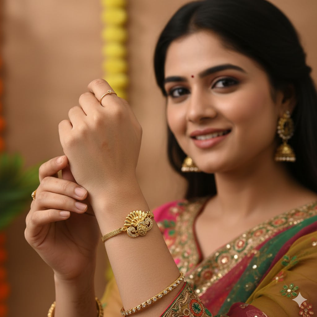 Meenakshi One Gram Gold Plated Adjustable Bracelet for Women & Girls